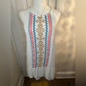 She + Sky White Mini Dress with Gold and Blue Accents